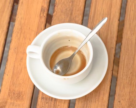 Empty cup of traditional Vietnamese milk coffee on outdoor wooden table. Popular white ceramic cup and saucer.