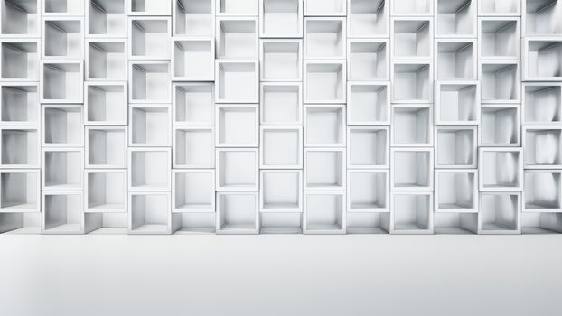 Empty white interior with cube shelves on the wall, 3D rendering