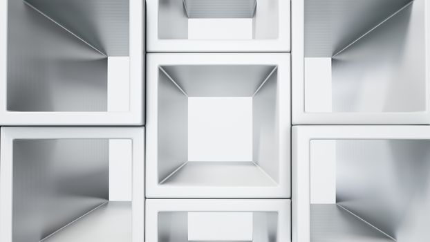 Empty white interior with cube shelves on the wall, 3D rendering