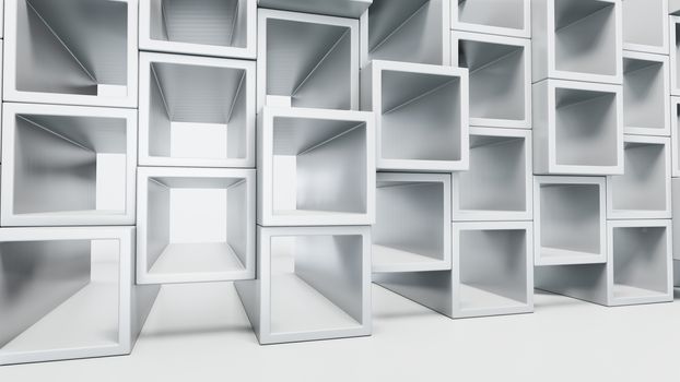Empty white interior with cube shelves on the wall, 3D rendering