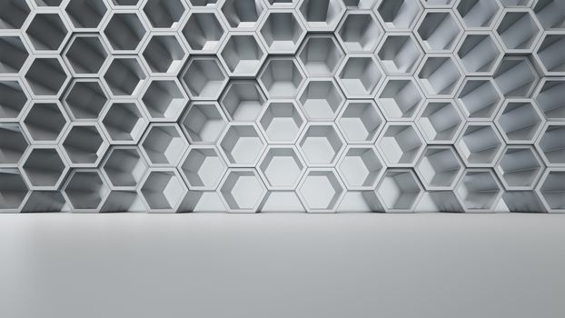 Empty white interior with hexagon shelves on the wall, 3D rendering