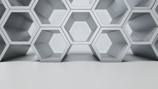 Empty white interior with hexagon shelves on the wall, 3D rendering