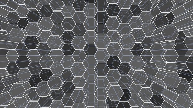 Abstract background of colorful outline hexagons. 3D illustration. Wire-frame style.