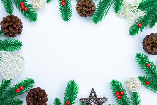 Christmas holidays composition, top view of red and gold Christmas decorations on white background with copy space for text. Flat lay, winter, postcard template, new year concept.