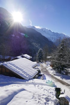 holiday at the foot of Mont Blanc in winter in the Chamonix Valley, France