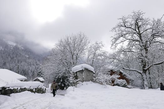 holiday at the foot of Mont Blanc in winter in the Chamonix Valley, France