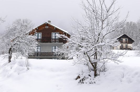 holiday at the foot of Mont Blanc in winter in the Chamonix Valley, France