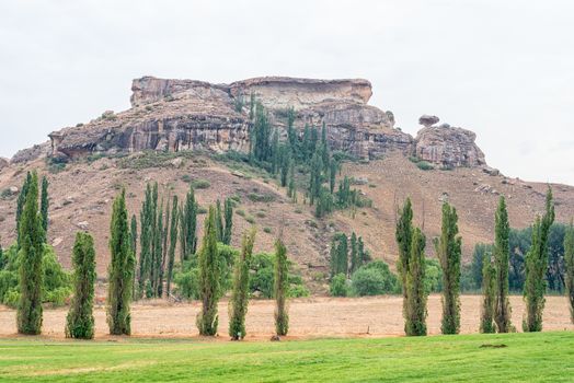 Landscape at Saint Fort near Clarens in the Free State Province. The Mushroom Rock is visible