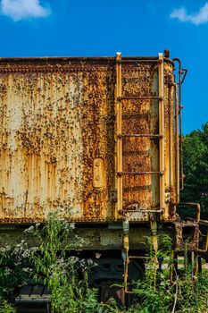Rusty Ladder on Boxcar on Train in Weeds