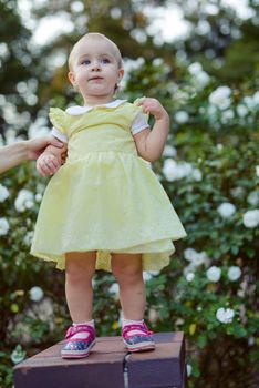 Smiling girl on the meadow looking right at camera. authentic image. Smell roses flowers