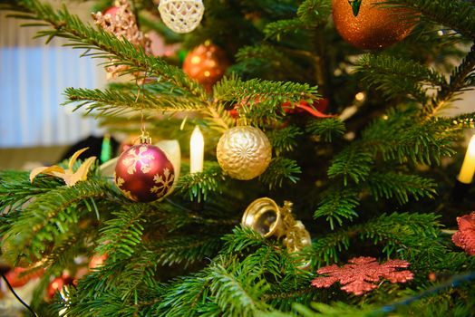 Closeup of Christmas tree decorations.