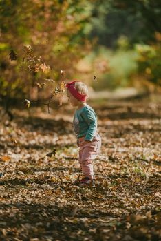 Adorable girl having fun on beautiful autumn day. authentic childhood image