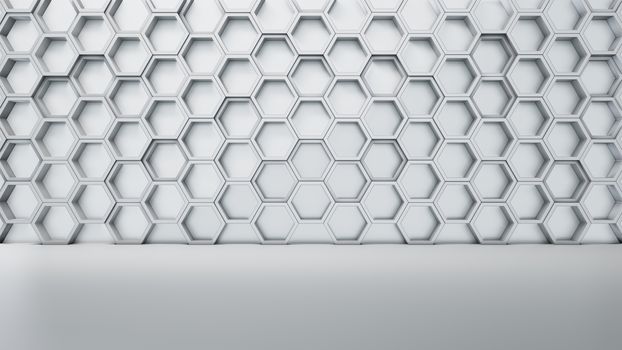 Empty white interior with hexagon shelves on the wall, 3D rendering