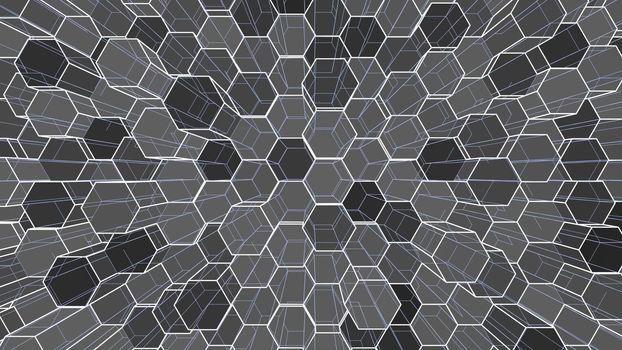 Abstract background of colorful outline hexagons. 3D illustration. Wire-frame style.