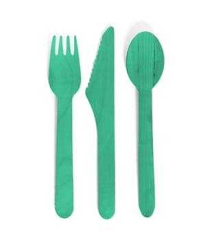 Eco friendly wooden cutlery - Plastic free concept - Isolated - Green