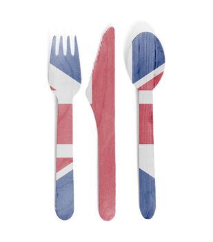 Eco friendly wooden cutlery - Plastic free concept - Isolated - Flag of United Kingdom