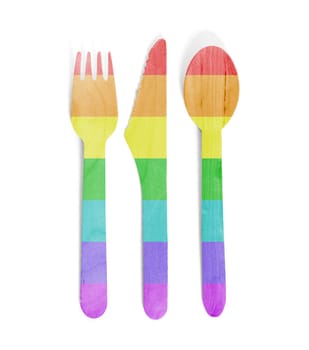 Eco friendly wooden cutlery - Plastic free concept - Isolated - Flag of Rainbow Flag