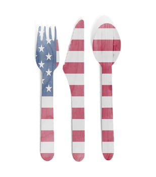 Eco friendly wooden cutlery - Plastic free concept - Isolated - Flag of USA