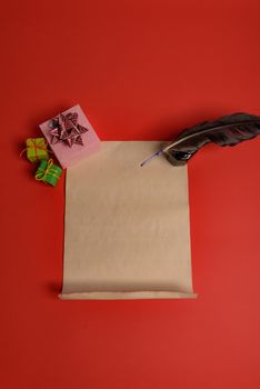 Empty letter for Santa Claus. Copy space. Red background