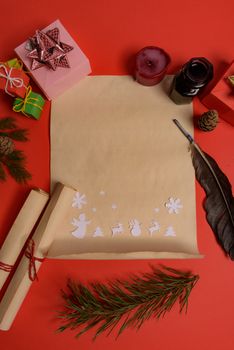 Empty letter for Santa Claus. Copy space. Red background