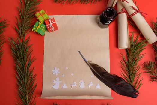 Empty letter for Santa Claus. Copy space. Red background