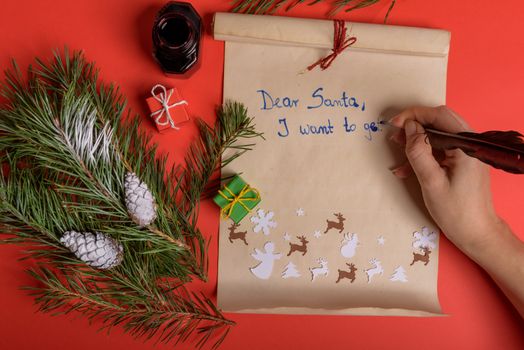 Empty letter for Santa Claus. Copy space. Red background