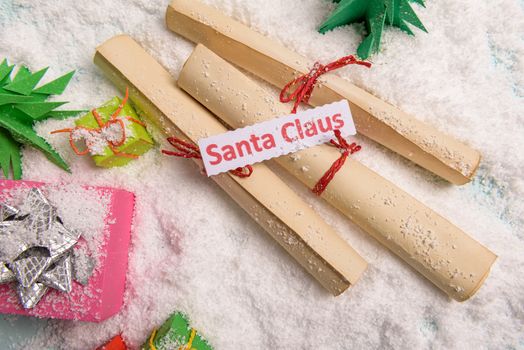 old tied up letters for Santa Claus, view from above.