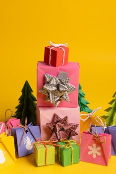 Christmas or New Year background, plain composition made of Xmas decorations and fir branches, flat lay, blank space for a greeting text.
