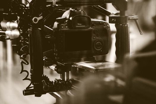 Film industry. Filming with professional camera background