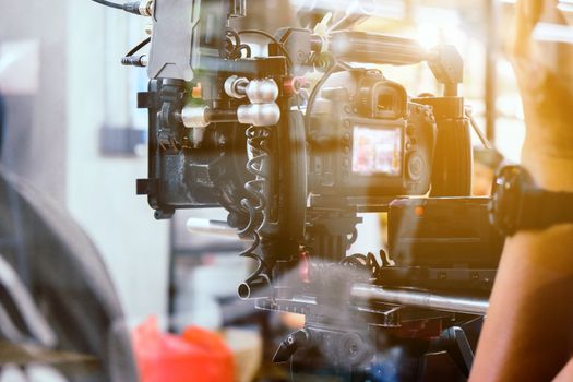 Film industry. Filming with professional camera background