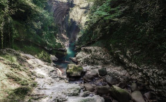 mountain river among stone rocks with green plants in the Martvili Canyon in Georgia in autumn