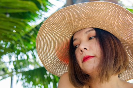 close up  face portrait woman asian women wearing hats.