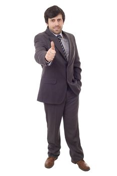 Handsome businessman going thumb up, full length, isolated on white