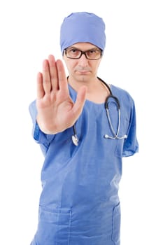 male doctor going stop with his hand, isolated