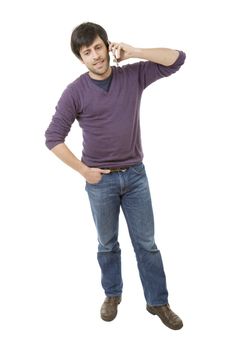 young casual happy man full length, on the phone, isolated