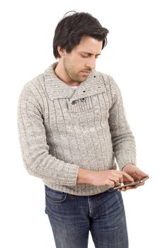 young casual man with a phone, isolated