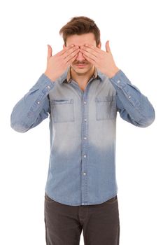 Man covering his eyes, isolated on white background