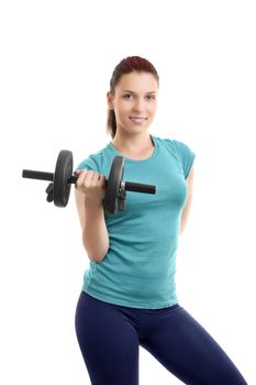 A portrait of a beautiful fit girl in sportswear, smiling and lifting a dumbbell, isolated on white background. Fit lifestyle concept.