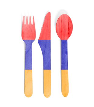 Eco friendly wooden cutlery - Plastic free concept - Isolated - Flag of Armenia
