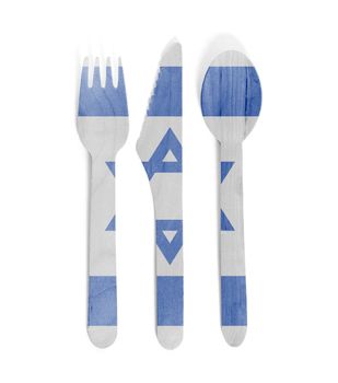 Eco friendly wooden cutlery - Plastic free concept - Isolated - Flag of Israel