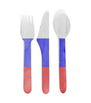 Eco friendly wooden cutlery - Plastic free concept - Isolated - Flag of Russia