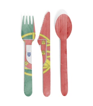 Eco friendly wooden cutlery - Plastic free concept - Isolated - Flag of Portugal