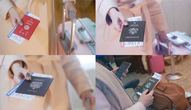 Set of photo Fashion dressed girl with a suitcase holds Japan, Canadian and American passport and boarding pass in her hand. 