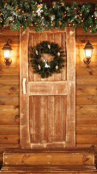 Front door decorated for the holidays. Wooden fairy hut for Christmas