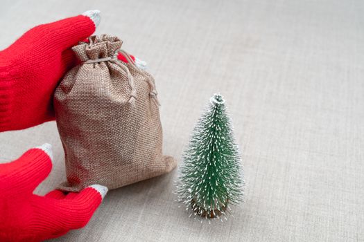 Christmas gifts bag in female hands. Red knitted gloves.