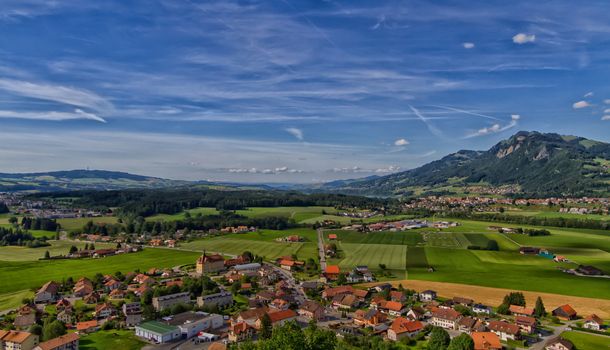beautiful village of Gruyere in Switzerland and sky blue