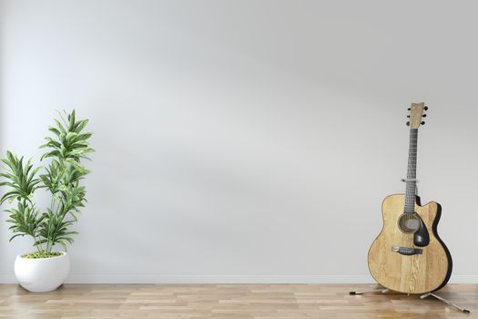 Empty room zen minimal design with guitar and plants on floor wo