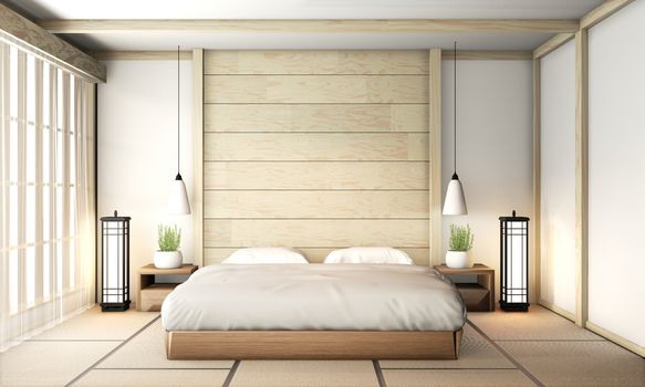 Bedroom zen interior design with tatami mat floor and wooden wal