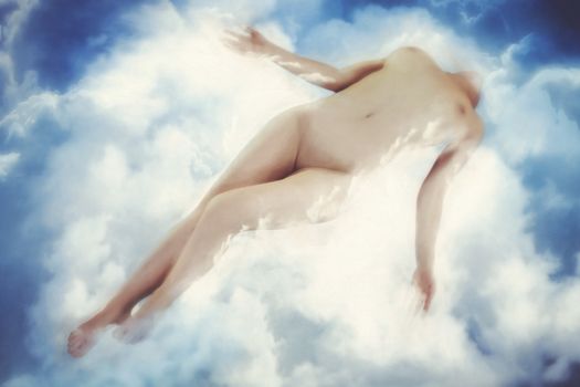 In images Beautiful Naked Woman Levitating High Above Earth In Sky AMong The Clouds