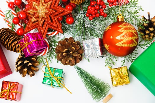 Christmas composition decorations, fir tree branches on white background. Merry Christmas concept. Copy space for text